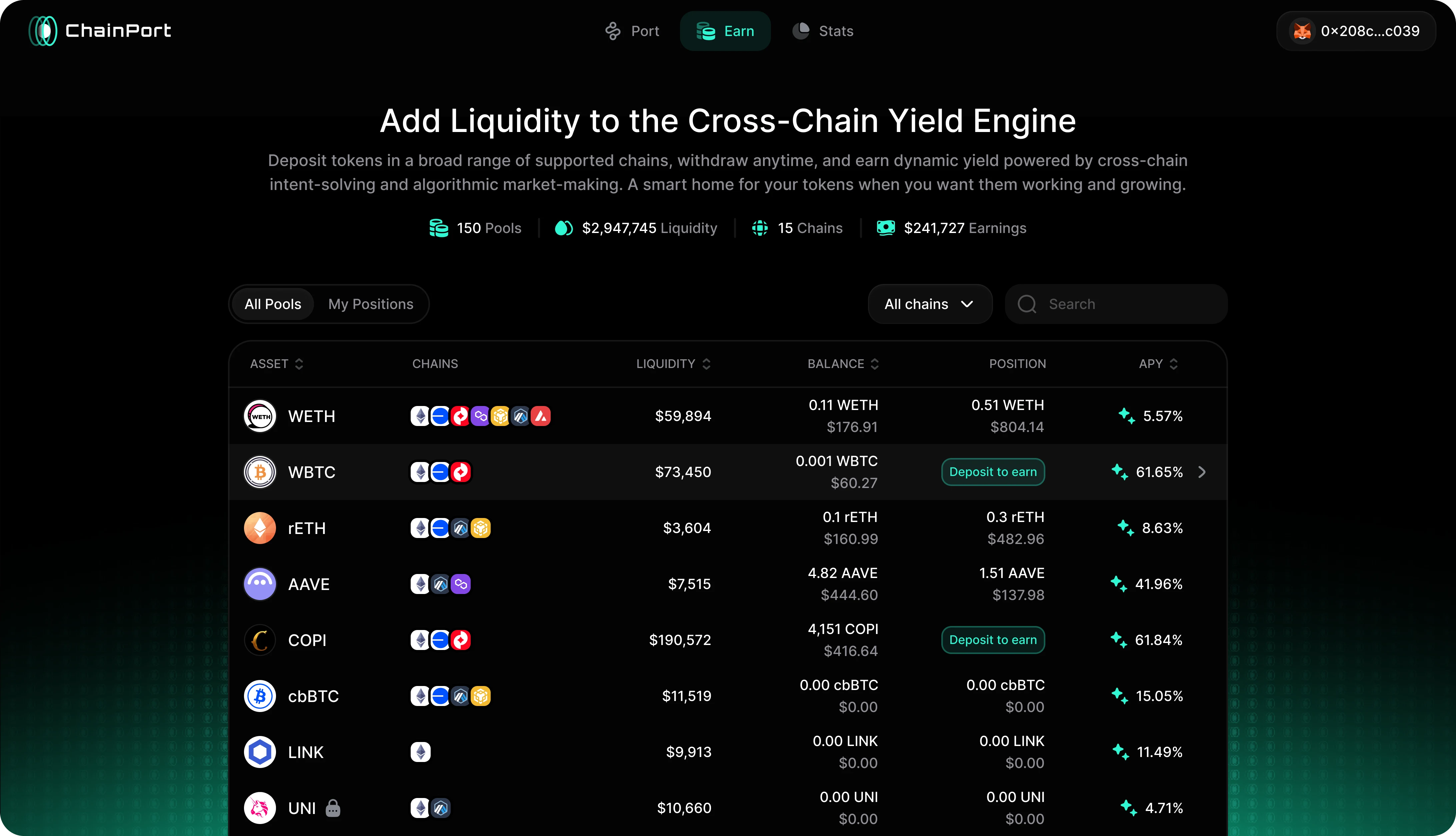 ChainPort Earn showing pool composition and the user's position