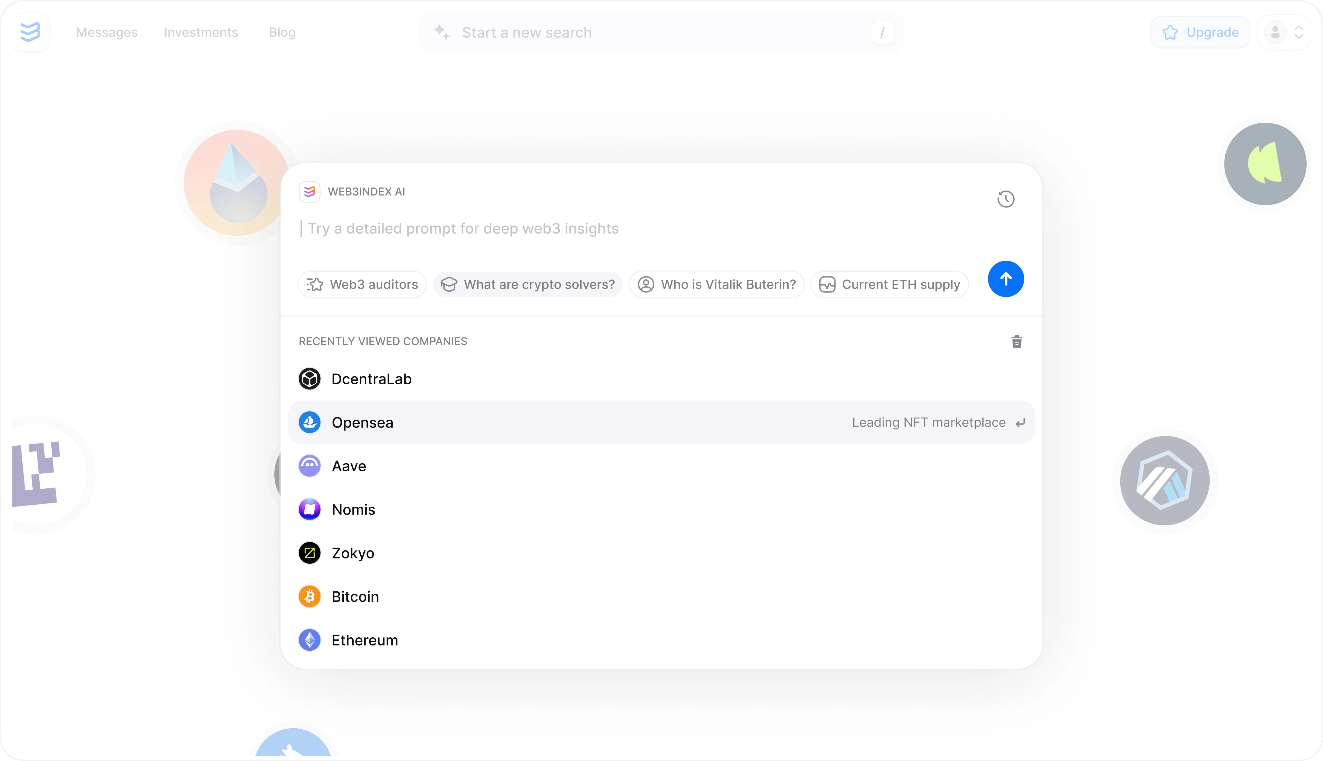 Web3Index search prompt with suggested questions and recently viewed companies